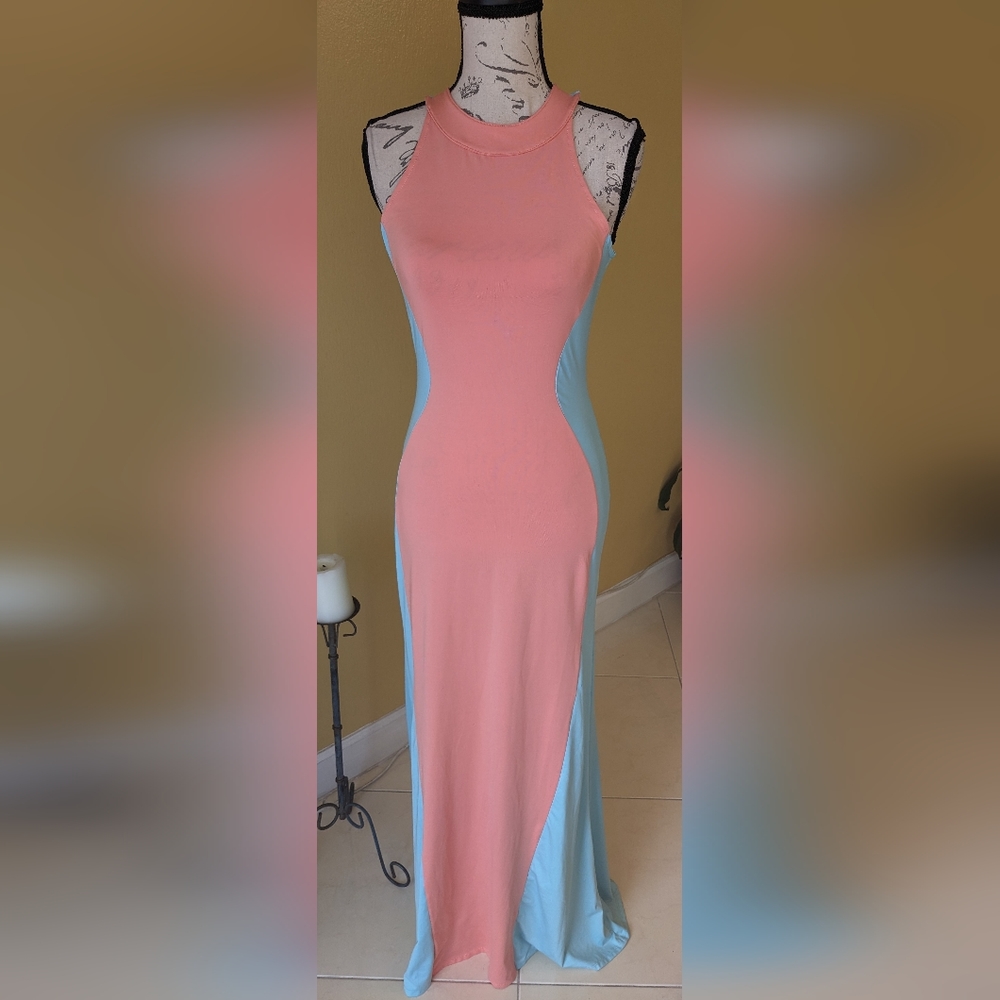 MAXI Bodycon Baby Blue & Peach Color Block Dress Size Small/Medium - Picture 2 of 6